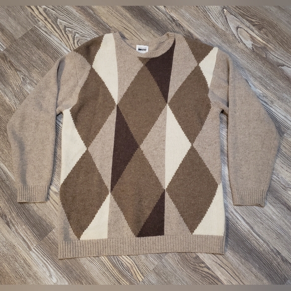 Vintage Leslie Fay Womens L Lambswool Angora Sweater Crewneck Argyle Knit Brown - Picture 4 of 9